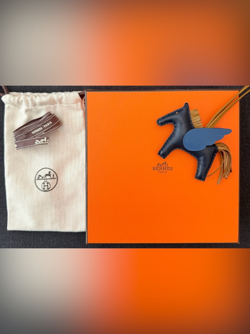 Hermes Milo Lambskin Grigri Rodeo Pegase Bag Charm PM Bleu Nuit Bleu Tie Sesame - Picture 2 of 3
